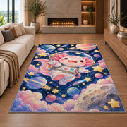 Astronaut Axolotl Rug in a living room with a fireplace
