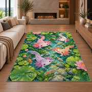 Axolotl Pond Rug in a living room with a fireplace