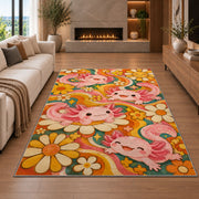 Retro Groovy Axolotl Rug in a living room with a fireplace