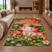 Axolotl Mushroom Rug in a living room with a fireplace