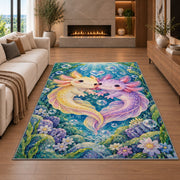 Axolotl Love Rug in a living room with a fireplace