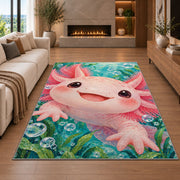 Big Axolotl Face Rug in a living room with a fireplace