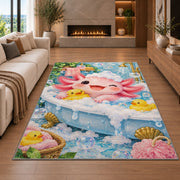 Axolotl Bubble Bath Rug in a living room with a fireplace