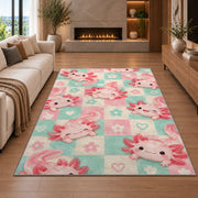 Pastel Checkered Axolotl Rug in a living room with a fireplace