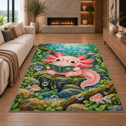 Axolotl Reading Book Rug in a living room with a fireplace