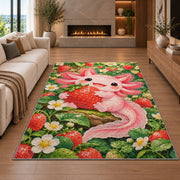 Axolotl Strawberry Rug in a living room with a fireplace