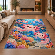 Axolotl Ocean Rug in a living room with a fireplace