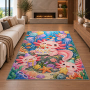 Axolotl Birthday Party Rug in a living room with a fireplace