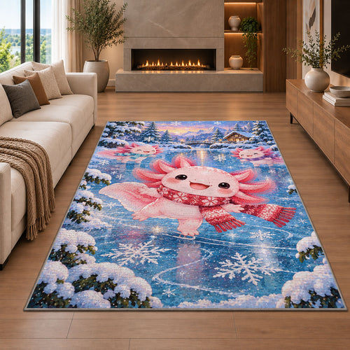 Winter Axolotl Rug in a living room with a fireplace