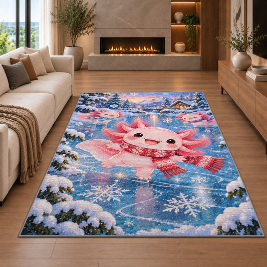 Winter Axolotl Rug in a living room with a fireplace