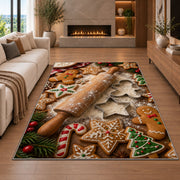 Gingerbread baking rug in a living room with a fireplace