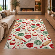 Baking tools pattern rug in a living room with a fireplace