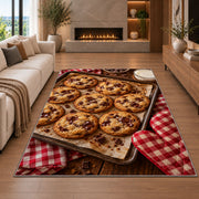 Chocolate chip cookie tray rug in a living room with a fireplace