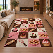 Checkered bakery icons rug in a living room with a fireplace