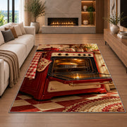 Vintage red oven rug in a living room with a fireplace