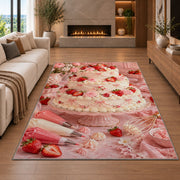 Strawberry tiered cake rug in a living room with a fireplace
