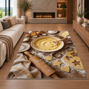 Baking flat lay rug in a living room with a fireplace