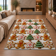 Christmas cookie grid rug in a living room with a fireplace