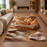 Fresh bread basket rug in a living room with a fireplace