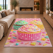 Cute pastel cupcakes rug in a living room with a fireplace