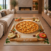Apple pie with rolling pins rug in a living room with a fireplace