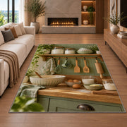 Sage farmhouse baking shelf rug in a living room with a fireplace