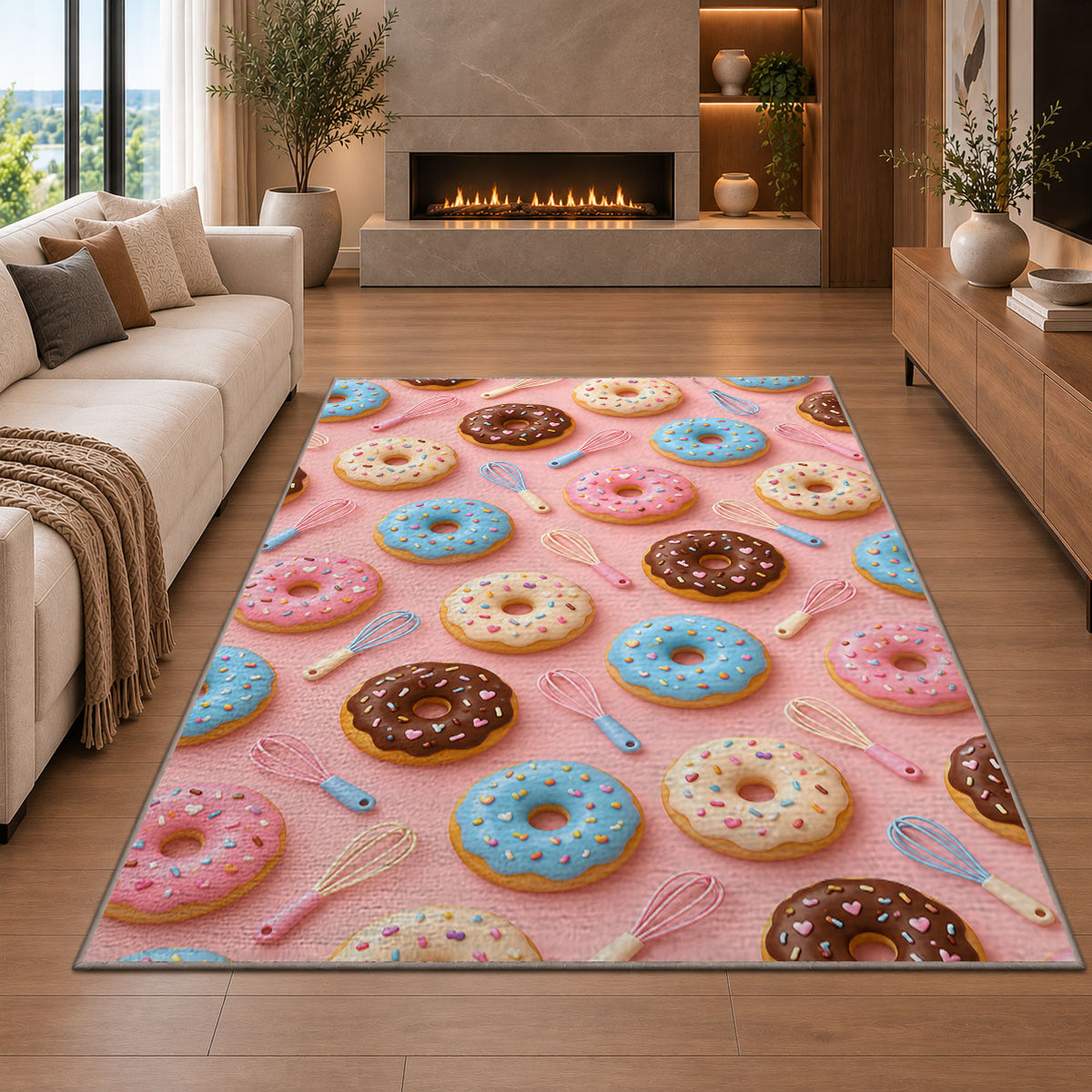 Donut pattern rug in a living room with a fireplace