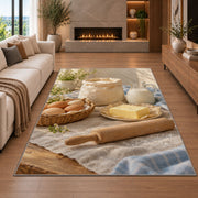 Eggs flour and butter rug in a living room with a fireplace