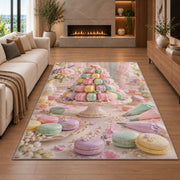 Pastel macaron tower rug in a living room with a fireplace