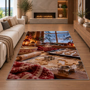 Winter baking window rug in a living room with a fireplace