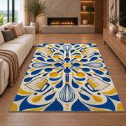 Geometric whisks and measuring cups rug in a living room with a fireplace