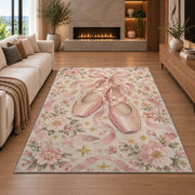 Pink pointe shoes floral rug in a living room with a fireplace