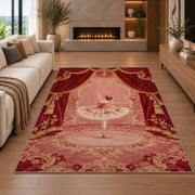 Ballerina on stage rug in a living room with a fireplace