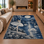 Swan lake ballerina rug in a living room with a fireplace