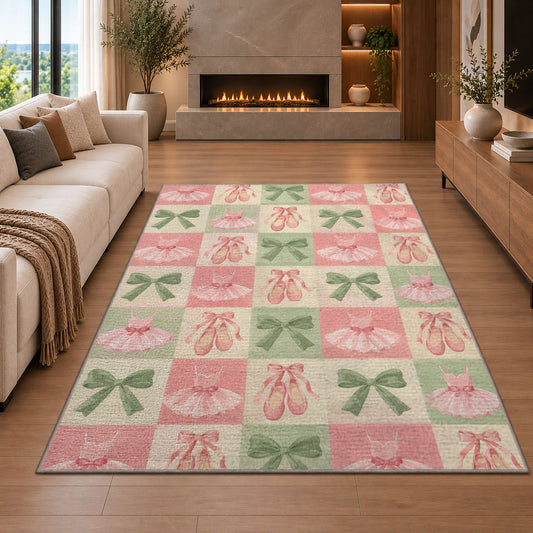 Ballet checkered rug in a living room with a fireplace