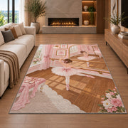 Ballet studio rug in a living room with a fireplace