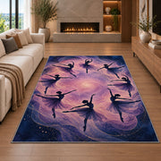 Ballerina silhouettes rug in a living room with a fireplace