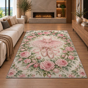 Rose wreath ballet rug in a living room with a fireplace