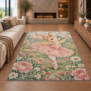 Bunny ballerina rug in a living room with a fireplace