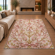 Pointe shoes ribbon damask rug in a living room with a fireplace