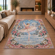 Winter ballerina rug in a living room with a fireplace