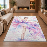 Watercolor ballerina rug in a living room with a fireplace