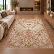 Swan heart rug in a living room with a fireplace