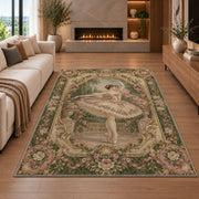Vintage ballerina tapestry rug in a living room with a fireplace