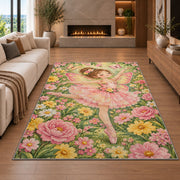 Butterfly fairy ballerina rug in a living room with a fireplace