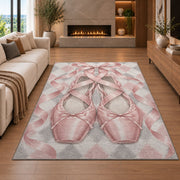 Pointe shoes harlequin rug in a living room with a fireplace