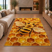 Honeybee Honeycomb Rug in a living room with a fireplace