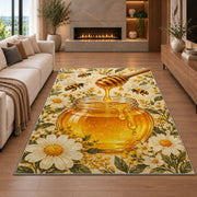 Honey Jar and Dipper Rug in a living room with a fireplace