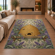 Vintage Straw Beehive Rug in a living room with a fireplace