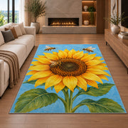 Sunflower and Bees Rug in a living room with a fireplace